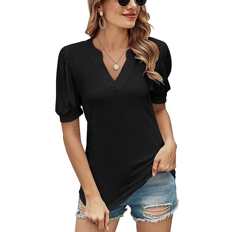 Casual V-neck Puff Sleeve Loose T-shirt For Women