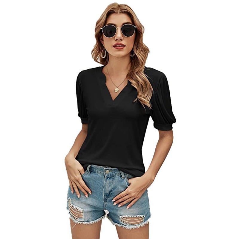 Casual V-neck Puff Sleeve Loose T-shirt For Women